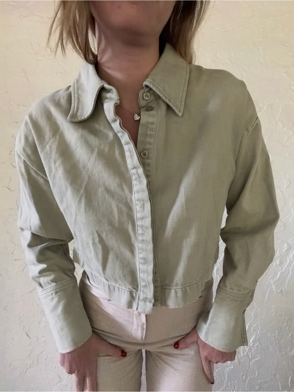 Sofia Richie x Bar III Cropped Light Olive Button-Up Jacket